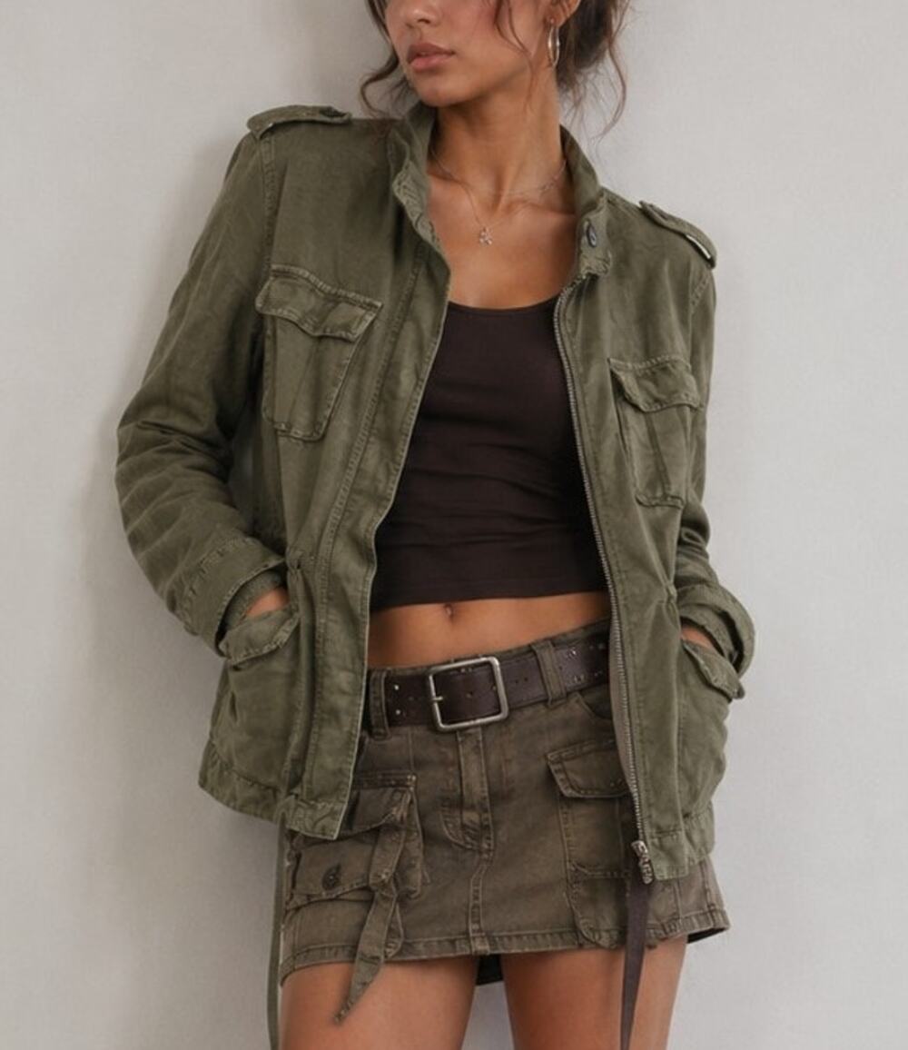 Y2K Womens Utility Grunge Military Jacket Size M Green Cotton Linen Indie Fall